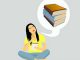 Klipart przedstawia dziewczynę z książką siedzącą po turecku a nad nią dymek z książkami.