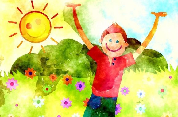 rysunek akwarelą chłopiec ma łące, za nim słońce.